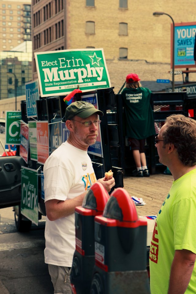 Rep. Jim Davnie and a paradegoer at Twin Cities Pride.